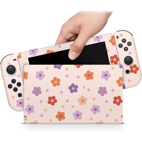 ZOOMHITSKINS Compatible with Switch Skin Cover, Cute Light Pastel Pink Red Purple Daisy Tiny Magnolia Flower Kawaii, Vinyl Decal Sticker Wrap, Made in The USA