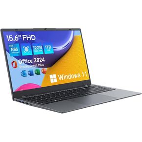 Windows 11 Laptop Computer, 12GB DDR5/1TB SSD, N95 Quad-Core, MS Office 2024, 15.6 inch 1920x1080 FHD Display, Dual Band WiFi, BT5.0, Fingerprint Unlock/Physical Camera Switch (Gray)