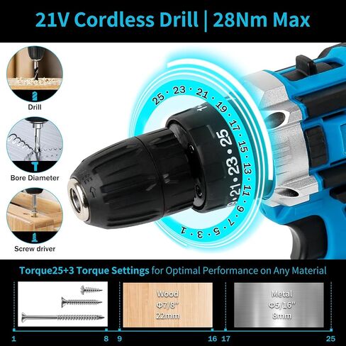 Power Drill Cordless, 3/8 Electric Drill with Battery and Charger, 21V Drill Set for Specialized Field and Homework, Battery Drill with LED Light, Variable Speed Mode in Saudi Arabia