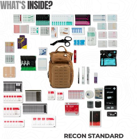 Medy Medic the Recon Standard Emergency Medical Kit - Essentials & Supplies Aides Lats Survival | يجب أن يكون من أجل أي منزل أو سيارة أو سفر أو مكتب أو عمل - Coyote in Kuwait