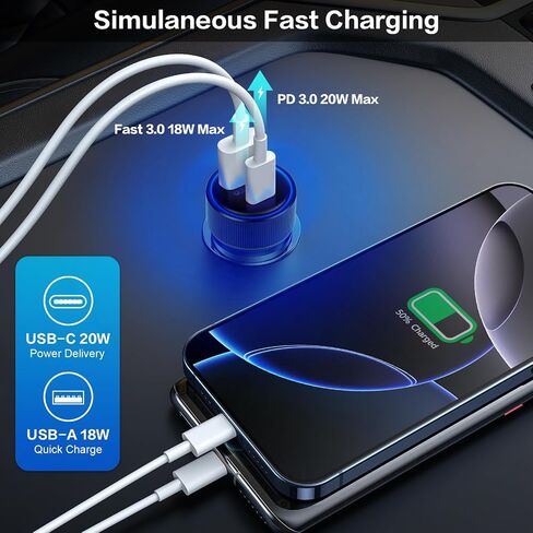 38W USB C Car Charger Fast Charging, 3Pack Cigarette Lighter Adapter, Car Phone Charger, Boxeroo Multi Port PD/QC 3.0 Cargador para Carro, 12v USB Outlet for iPhone 16e/16/15/14/13/12 Pro,Samsung in Saudi Arabia