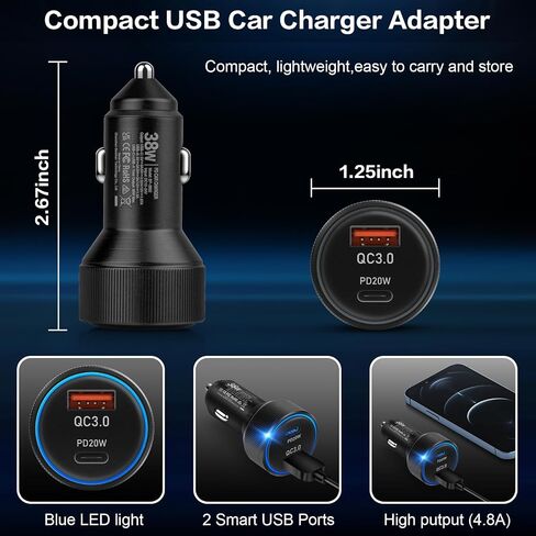 38W USB C Car Charger Fast Charging, 3Pack Cigarette Lighter Adapter, Car Phone Charger, Boxeroo Multi Port PD/QC 3.0 Cargador para Carro, 12v USB Outlet for iPhone 16e/16/15/14/13/12 Pro,Samsung in Saudi Arabia