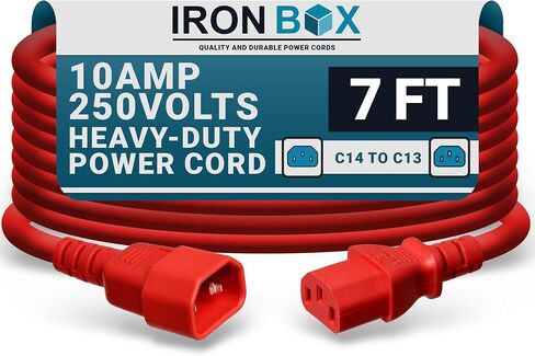 Ironbox Electric C14 to C13 Power Cord - 10A/250V ، 18/3 AWG SJT - UL Cable & Jumper Scords - سلك تمديد الطاقة الثقيل لجهاز الكمبيوتر المكتبي ، الشاشة ، جهاز العرض ، PDU والمزيد (6 قدم ، أحمر) in Kuwait