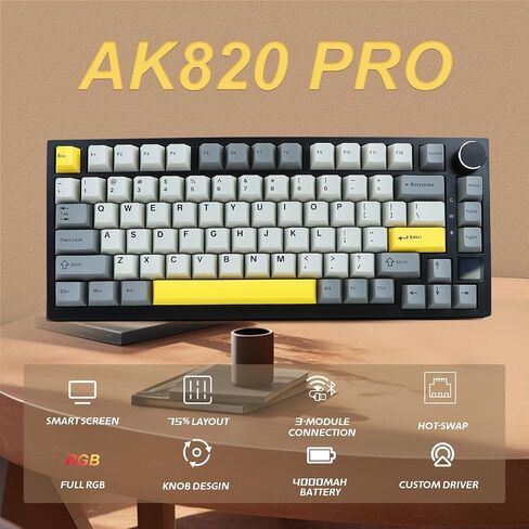 AJAZZ AK820 Pro 75% Gaming Keyboard, Triple Mode Connected RGB Backlit Mechanical Keyboard with TFT Smart Screen Display and Knob(White, Gift Switch) in Saudi Arabia
