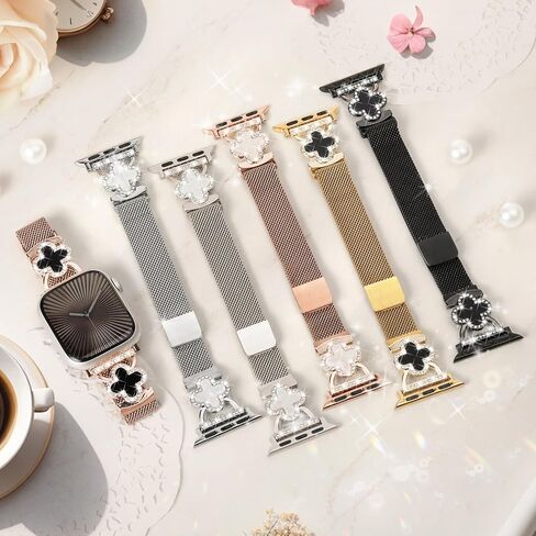 Slim Metal Band Compatible with Apple Watch Bands for Women 40mm 41mm 42mm 38mm 44mm 45mm 46mm,Thin Stainless Steel Mesh Magnetic Strap with Bling Charms for iWatch Series 10/9/8/7/6/5/4/3/2/1/SE in Saudi Arabia