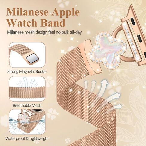 Slim Metal Band Compatible with Apple Watch Bands for Women 40mm 41mm 42mm 38mm 44mm 45mm 46mm,Thin Stainless Steel Mesh Magnetic Strap with Bling Charms for iWatch Series 10/9/8/7/6/5/4/3/2/1/SE in Saudi Arabia