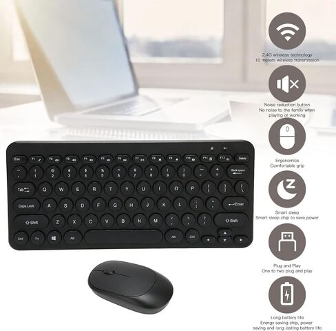 Septpenta Wireless Keyboard Mouse Combo, 78Keys Feel Retro and Upright Keycap Design 2.4G Ergonomics Mouse and Keyboard, Mute Buttons Waterproof Without Fade for Business Office(Black) in Saudi Arabia