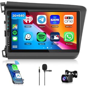 2G+64G CAR RADIO STEREO لـ Honda Civic 2012-2015 مع Carplay/Android Auto ، 9 بوصة شاشة اللمس HD Android 13 وحدة USB/Type C GPS WiFi Bluetooth FM/RDS HD Camera