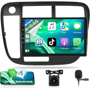 [4+64G] Car Stereo Radio for Honda Civic 1996-2001 with Wireless CarPlay & Android Auto 9 Inch Touch Screen Bluetooth Audio with GPS Navigation Mirror Link WiFi RDS Backup Camera MIC