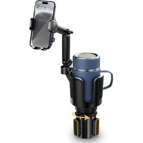 Cup Phone Holder for Your Car with Expandable Offset Base, 2 in 1 Adjustable Hands Free Cell Phone Holders Car Cupholder Mount, Friendly Sturdy Fit Large Bottle and iPhone All 4-7 inches Cellphone