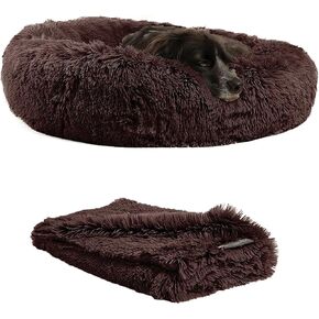 Best Friends by Sheri Bundle Set The Original Calming Shag Donut Cuddler Cat and Dog Bed + Pet Throw Blanket Dark Chocolate Medium 30"