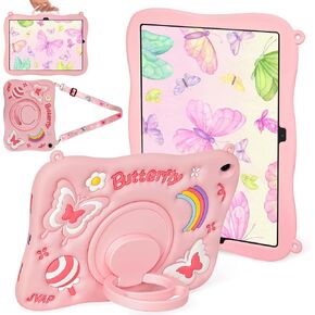 for Samsung Galaxy Tab A9 Plus Case 11" (SM-X210/X216/X218) Cute Butterfly Cover Women Girl Kid 3D Cartoon Rotating Handle Stand & Shoulder Strap Soft Silicone for Samsung A9 Plus Tablet Case