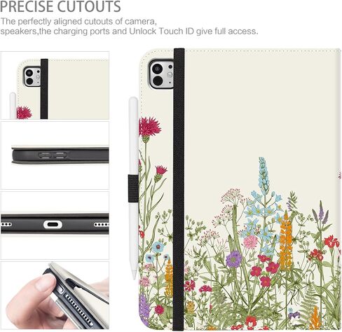 iPad Pro 13 inch Case 2024, Case for iPad Pro 13-inch (M4) with Pencil Holder Multi-Angle Viewing Adjustable Stand Shockproof Protective Folio case with Pocket/Hand Strap/Auto Wake Sleep, Flowers in Kuwait