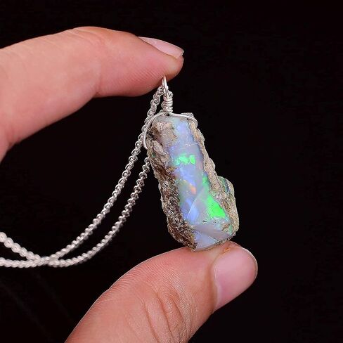 Real Black Opal Rough Crystals Pendant Necklace Gemstone Natural Raw Crystals Fire Play Healing Crystals, Birthday Gift for her, 925 Sterling Silver Jewelry 18 inch, A+ Grade in Kuwait
