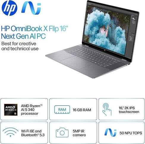 HP Omnibook X Flip 2-in-1 Copilot+ PC ، شاشة شاشة لمس 16 كيلو بيل ، AMD Ryzen AI 5 340 ، RAM 512GB 512GB SSD ، Wi-Fi 6E ، Bluetooth 5.3 ، لوحة مفاتيح خلفية ، 256 جيجا بايت 9H Docking ، Windows 11 Home ، Silver in Kuwait