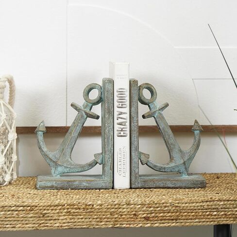 Deco 79 Polystone Anchor Distressed Patina Bookends with Gold Foil Accents, Set of 2 4" W, 8" H, Blue in Saudi Arabia