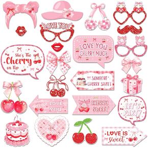 “She’s The Cherry on Top" Bridal Shower Photo Booth Props Set | Cherry & Love Heart Themed Masks, Glasses & Party Decor – Cute, Coquette Style for Bachelorette, Hen Party & Wedding Celebrations