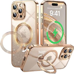 360° Spin CD Stand for iPhone 16 Pro Max Case Compatible with Magsafe Ring [Never Yellow][DIY Glitter Cardstock] Camera Protection Plating Clear Cute Phone Case for Women Girls 6.9'', Desert Titanium
