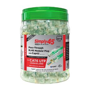 Unshielded Pass-Through RJ45 Modular Plugs with Cap45 for 23AWG Solid (Cat6) - Green, 26-24AWG Stranded, 3 Prong, 500 Pieces - S45-1605P
