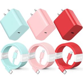 3Pack 10FT Long ightning Cable,20W Fast Charging Phonne ightning Cable Phone Charger Cord for Phone 14/13/12/12 Pro Max/11/Xs Max/XR/X,AirPods Pro,Pink/Green/Red