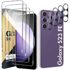 واقي الشاشة متوافق مع Galaxy S23 Fe 5G ، [4+4 Pack] واقيات عدسة الكاميرا ، دعم فتح بصمات الأصابع ، الزجاج المقسّر HD ، حساس اللمس ، مضاد للخدش