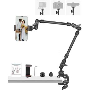 22" Magic Arm w Clamp, Overhead Phone Mount, Flexible Desk Camera Mount, Articulating Friction Boom Arm w Thread Adapter, for POV Shot, Light, Webcam, Mic, Action Camera, for Content Creators