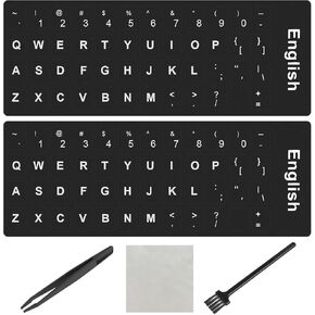 2PCS English Keyboard Stickers, Universal Replacement English Keyboard Letter Stickers with Tweezer, Keyboards Alphabet Sticker Black Background White Lettering for Laptop Notebook PC Computer Desktop