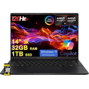 ASUS Vivobook S 14 AI-Powered Laptop 14" 3K OLED 120Hz Ultra-Thin & Light AMD 10-core Ryzen AI 9 365 Wi-Fi 6E 32GB RAM 1TB SSD For Creator Designer Business Professional Win11Pro Copilot+ PC w/ICP Hub