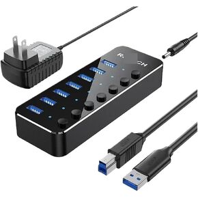 7-Port USB 3.0 Hub Aluminum 5Gbps Data Transfer Splitter with Individual On/Off Switches and 5V/2A Adapter(A-B Cable AU Plug)