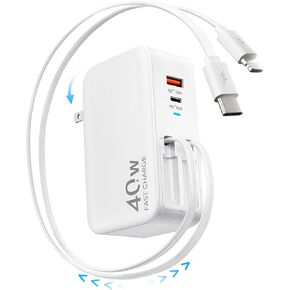 Elobeth 4 in 1 Gan Charger,Scalable 40W Max Fast Charger Block with Retractable Cable for Apple & Type-C and 2 USB Ports, 40W Retractable Charger for iPhone 16/15/14/13,iPad,Galaxy S25,Pixel,Laptops
