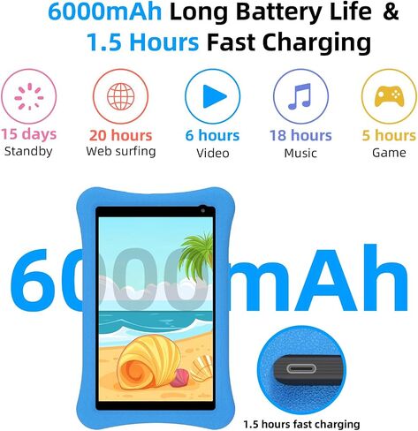 AWOW Kids Tablet for Kids 3-7: 10 inch Android 14 8GB RAM 64GB ROM Toddler Tablet for Kids 8-12 with Bluetooth WiFi Parental Control, Dual Camera, GMS, Shockproof Case (Blue, 8G+64G) in Saudi Arabia