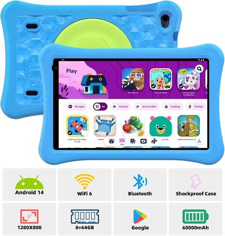 AWOW Kids Tablet for Kids 3-7: 10 inch Android 14 8GB RAM 64GB ROM Toddler Tablet for Kids 8-12 with Bluetooth WiFi Parental Control, Dual Camera, GMS, Shockproof Case (Blue, 8G+64G) in Saudi Arabia