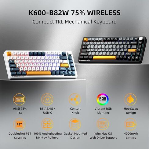 Machenike K600 B82W GASKET Mechetical Gaming Keyboard ، 75 ٪ اللاسلكي اللاسلكي لوحة مفاتيح قابلة للتبديل مع حشوة ومقبض ، Bluetooth/2.4 جيجا هرتز/USB-C ، RGB خلفية للكمبيوتر/الكمبيوتر اللوحي/Xbox/PS4/PS5 in Kuwait