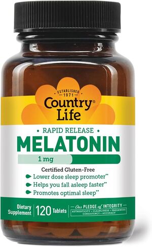 Country Life Melatonin, Promotes Optimal Sleep, 1mg, 120 Tablets, Certified Gluten Free, Certified Vegan, Non-GMO Verified in Kuwait