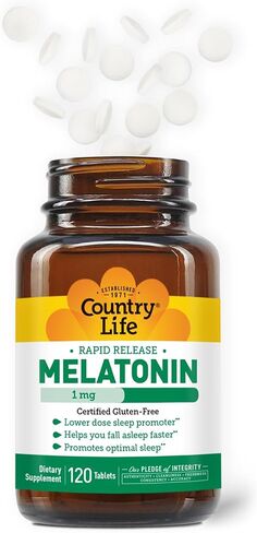 Country Life Melatonin, Promotes Optimal Sleep, 1mg, 120 Tablets, Certified Gluten Free, Certified Vegan, Non-GMO Verified in Kuwait