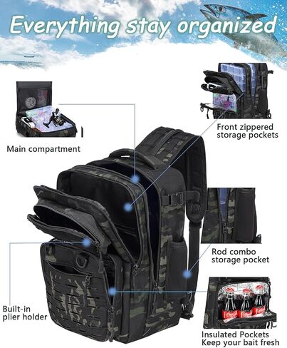 Fishing Backpack with Rod Holder, Lightweight Fish Backpack for Men and Women, 25L Water-resistant Fishing Tackle Bag Store Fish Gear，Black Camo in Saudi Arabia