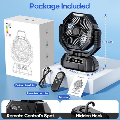 AJVV Camping Fan, Oscillating Battery Powered Portable Rechargeable Hanging Tent Fan with Light and Remote for Camp, Outdoor, Emergency Power Outage, Fishing, RV Travel, Black in Saudi Arabia