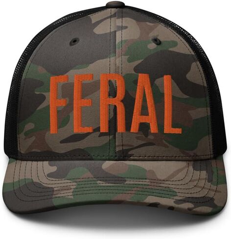 OR Camo Feral Embroidered Curved Bill Camouflage Trucker Hat Low Crown Adjustable Orange Lettering Feral Hat - Cap in Saudi Arabia