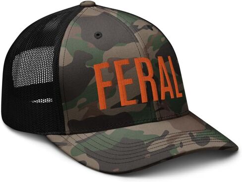 OR Camo Feral Embroidered Curved Bill Camouflage Trucker Hat Low Crown Adjustable Orange Lettering Feral Hat - Cap in Saudi Arabia