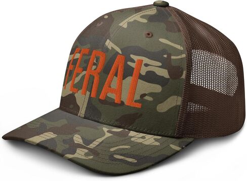 OR Camo Feral Embroidered Curved Bill Camouflage Trucker Hat Low Crown Adjustable Orange Lettering Feral Hat - Cap in Saudi Arabia