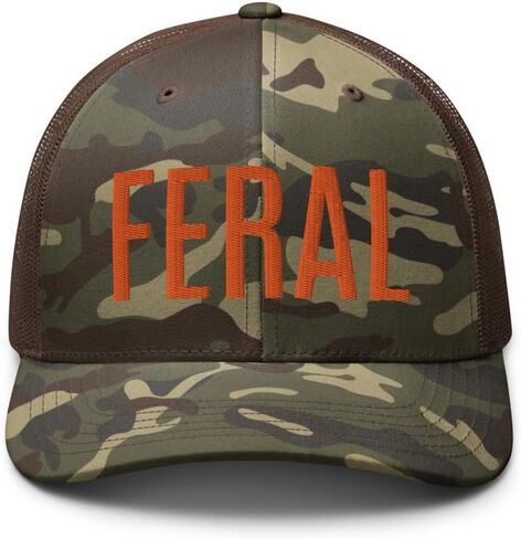 OR Camo Feral Embroidered Curved Bill Camouflage Trucker Hat Low Crown Adjustable Orange Lettering Feral Hat - Cap in Saudi Arabia
