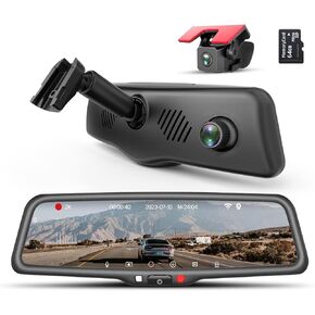 KBD Car OEM Rear View Mirror Dash Cam with SD, 2K Front and 1080P Rear 9.66'' with Back Up Camera, Touch Screen, Superior Night Vision, G-Sensor, Parking and Reversing Assistance