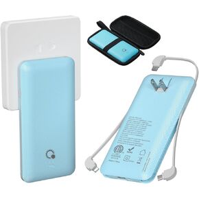 Q 10000mAh Power Bank, Slim Portable Charger,4 Output External Battery Pack with Built-in AC Wall Plug Micro USB C 3 Cables Compatible with iPhone Samsung Android Phone Tablet and More