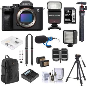 Sony Alpha A7 IV Full Frame Frame Digital 4K Camera - حزمة مع بطاقة SD 128 جيجابايت ، حقيبة ظهر ، بطارية إضافية 2x ، شاحن ، ثلاثي القوائم المصنوعة من الألومنيوم ، فلاش ، حزام ، ميكروفون ، واقي الشاشة ، وأكثر من ذلك (14 عنصرًا)