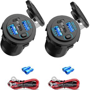 12V USB Charger with 4 Ports, Quick Charge 3.0 Ports 12V USB Outlet with Switch for Marine, Boat, Motorcycle, RV, Golf Cart (Pack of one)