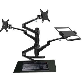 OLL-50L All-in-one 4 Arms Aluminum 10"-17" Laptop + 10"-32" Monitor Desktop Stand and Keyboard Tablet Clamp Mount Full Motion(OLL-50L Black)