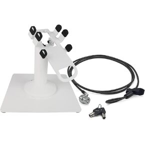 DCCStands Clover Flex 7" Freestanding Swivel and Tilt Terminal Stand with Square Plate and Device to Counter Tether Lock and Security Cable, White