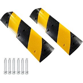 2 Pack 72" Rubber Speed Bumps, 25000 lbs Load Capacity Speed Bump Hump with 8 Bolt Spikes Anchors, Reflective Yellow Strip, Traffic Speed Bump for Asphalt Concrete Gravel Driveway Road