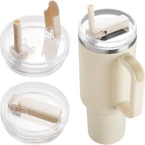 2Pack 40oz Tumbler Lid Replacement suit for Stanley Quencher cup, Flip Straw Spill Proof Leak Resistant Straw Cover, Dishwasher Safe Stanley Cup Accessories (2 Beige)