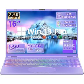 New 16" Purple Laptop,Ultra-Narrow Bezel 2.5K QHD IPS (2560x1600), in tel N95 (3.4GHz), 16GB RAM 1T SSD,Color Backlit KB, Face Unlock, USB-C/HDMI/WiFi/BT,Win 11 Pro, for Business Study Entertainment
